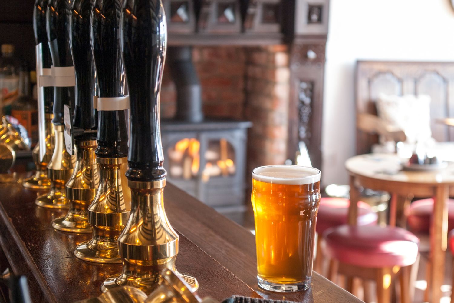 Cask beer on pub bar
